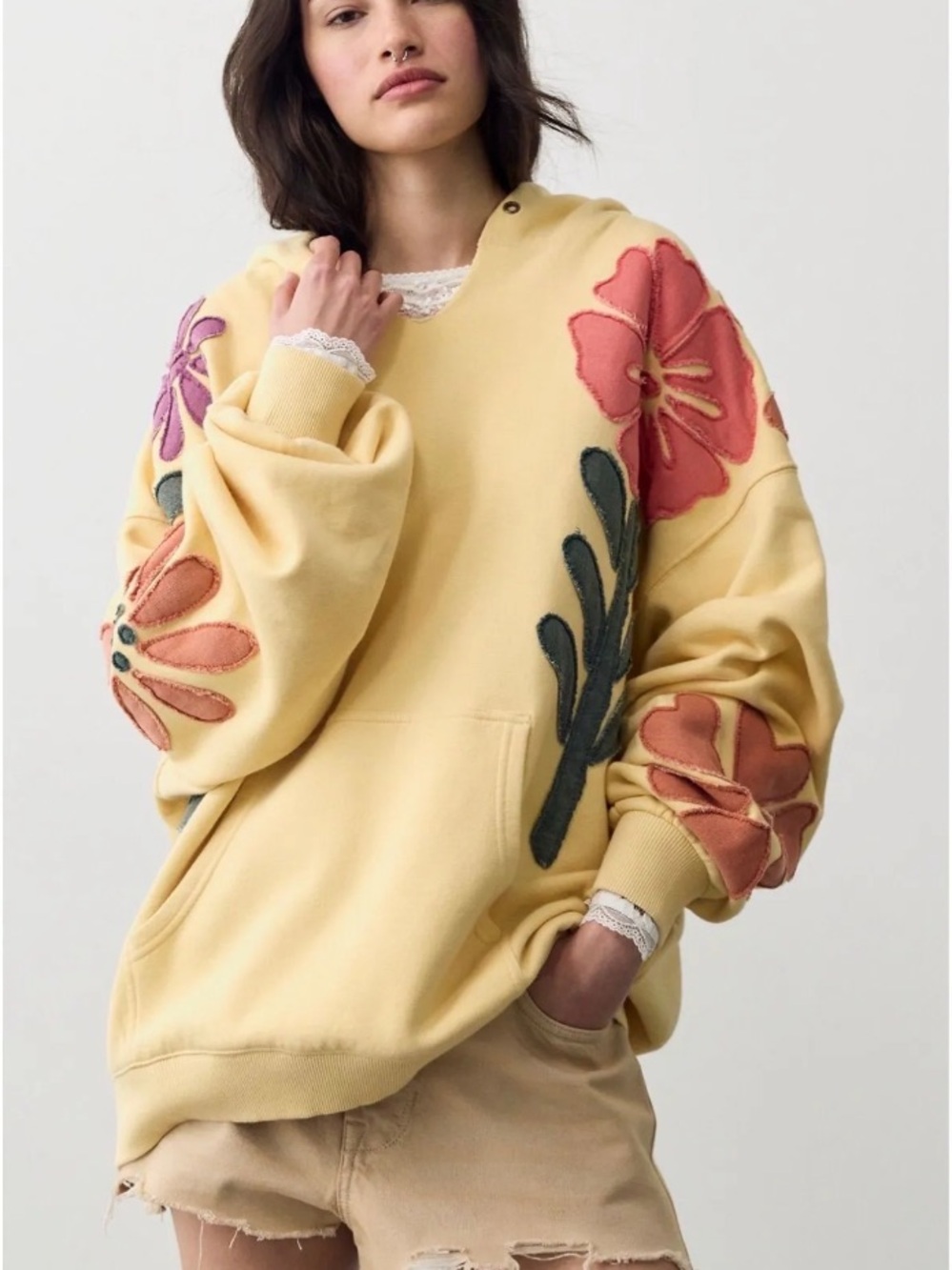 Free People We The Free It’s A Vibe Flowers Hoodie- Sunlight Combo- Size Med-NWT